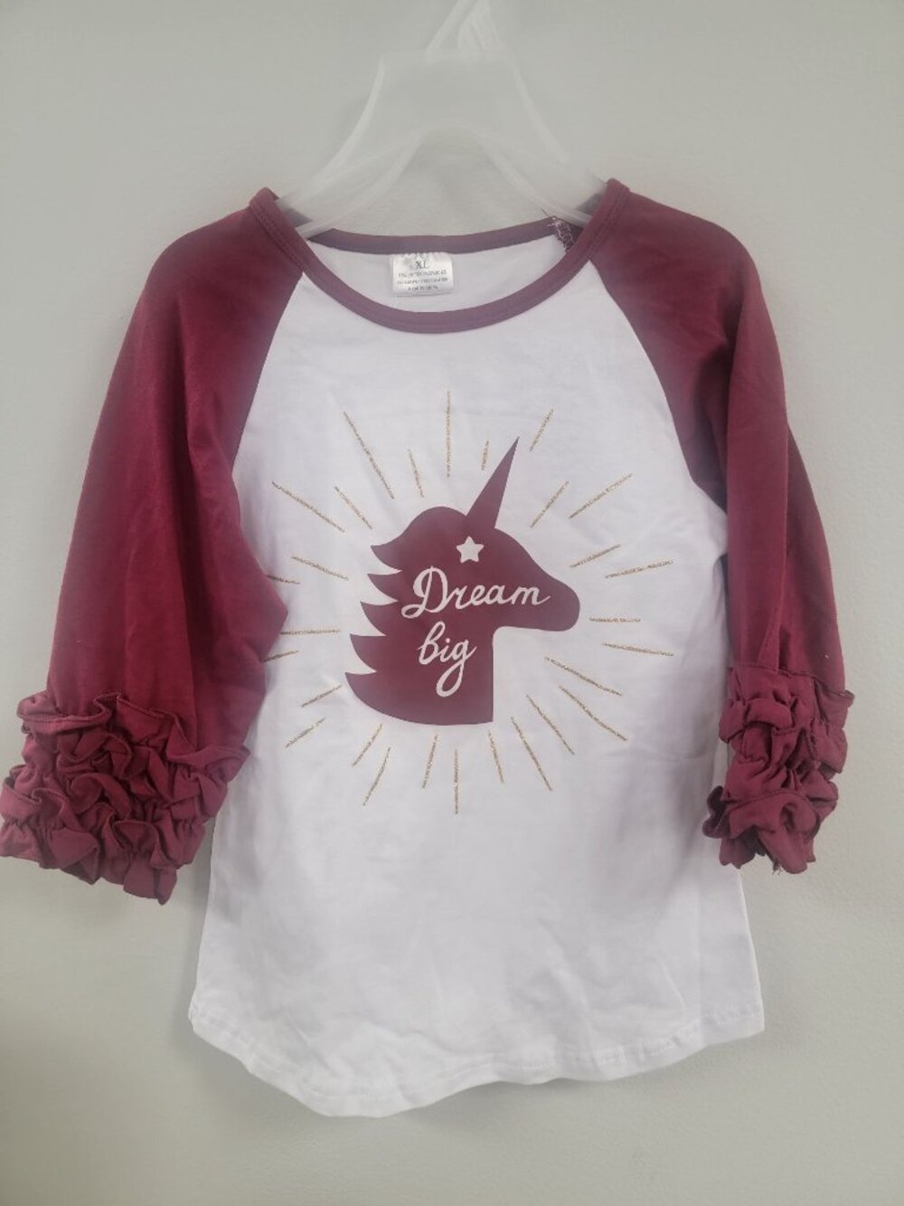Girls' Raglan "Dream Big" Unicorn Shirt With Ruffle Sleeves 7/8